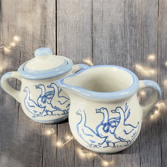 LOUISVILLE Stoneware Sugar Bowl Creamer Set Gaggle of Geese Pottery Set 2 USA - Picture 2 of 15